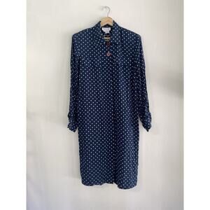 Vintage Doncaster 100% Silk Navy Blue Dress Button Up Polka Dots Maximalist Sz 8
